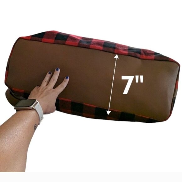 Leopard & Buffalo Plaid Duffel Bag With Brown Handles & Detachable Strap - Picture 4 of 14